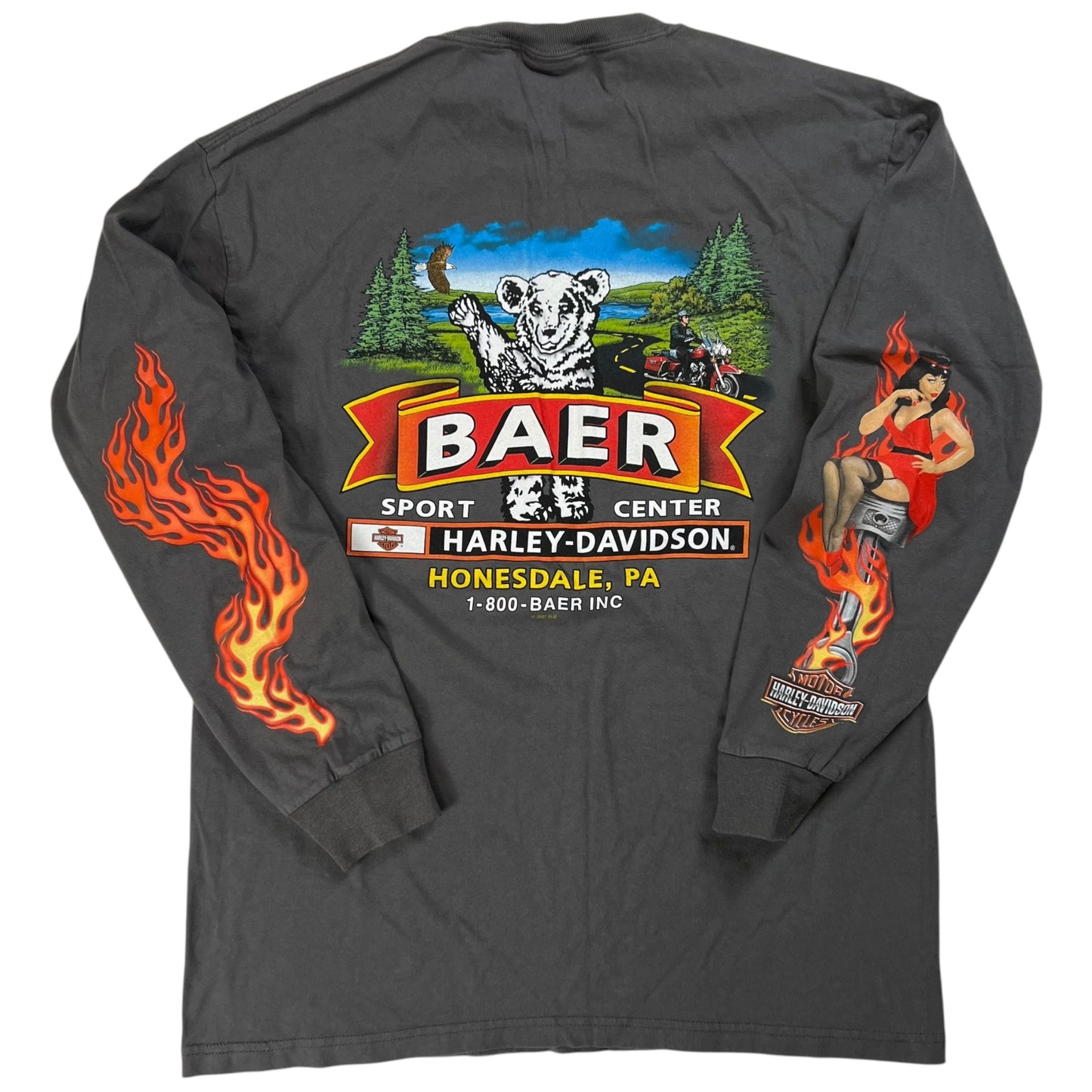 2009 Harley Davidson Motorcycles long sleeve print flames pinup girl shirt (XL)