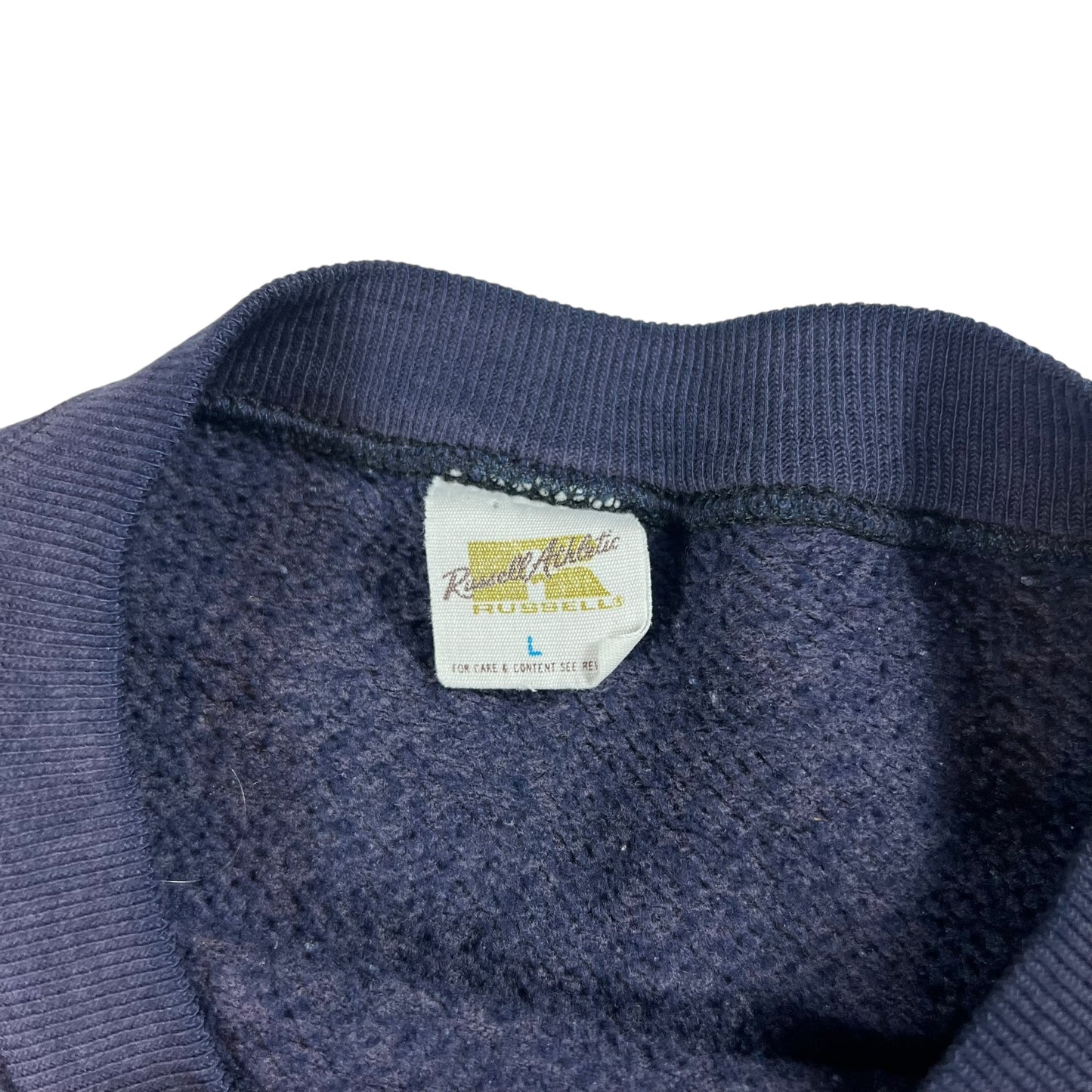 Vintage 1970s Russell Athletic Pfizer faded & distressed navy crewneck (M)