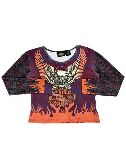 Vintage Y2K Harley Davidson Motorcycles femme flames all over print women’s long sleeve (M)