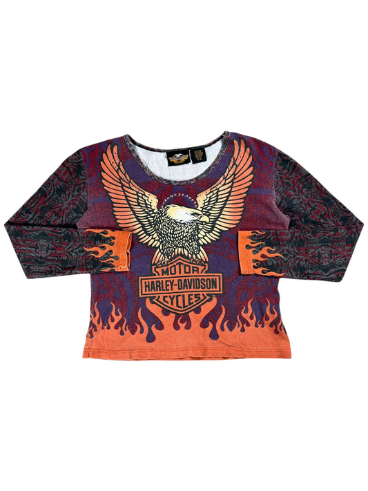 Vintage Y2K Harley Davidson Motorcycles femme flames all over print women’s long sleeve (M)