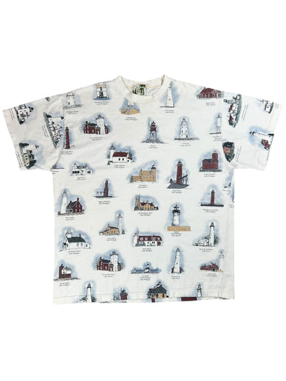 Vintage 90s The Great Lakes Lighthouses all over print tee (XL)