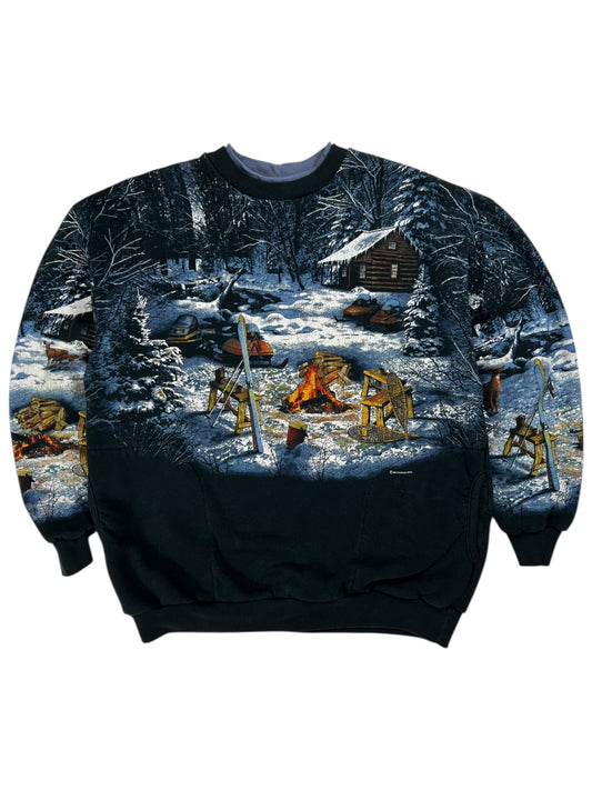 Vintage 90s Winter Camping Cabin scene all over print crewneck (L)