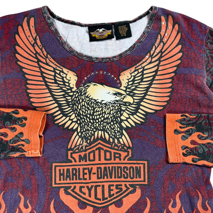 Vintage Y2K Harley Davidson Motorcycles femme flames all over print women’s long sleeve (M)