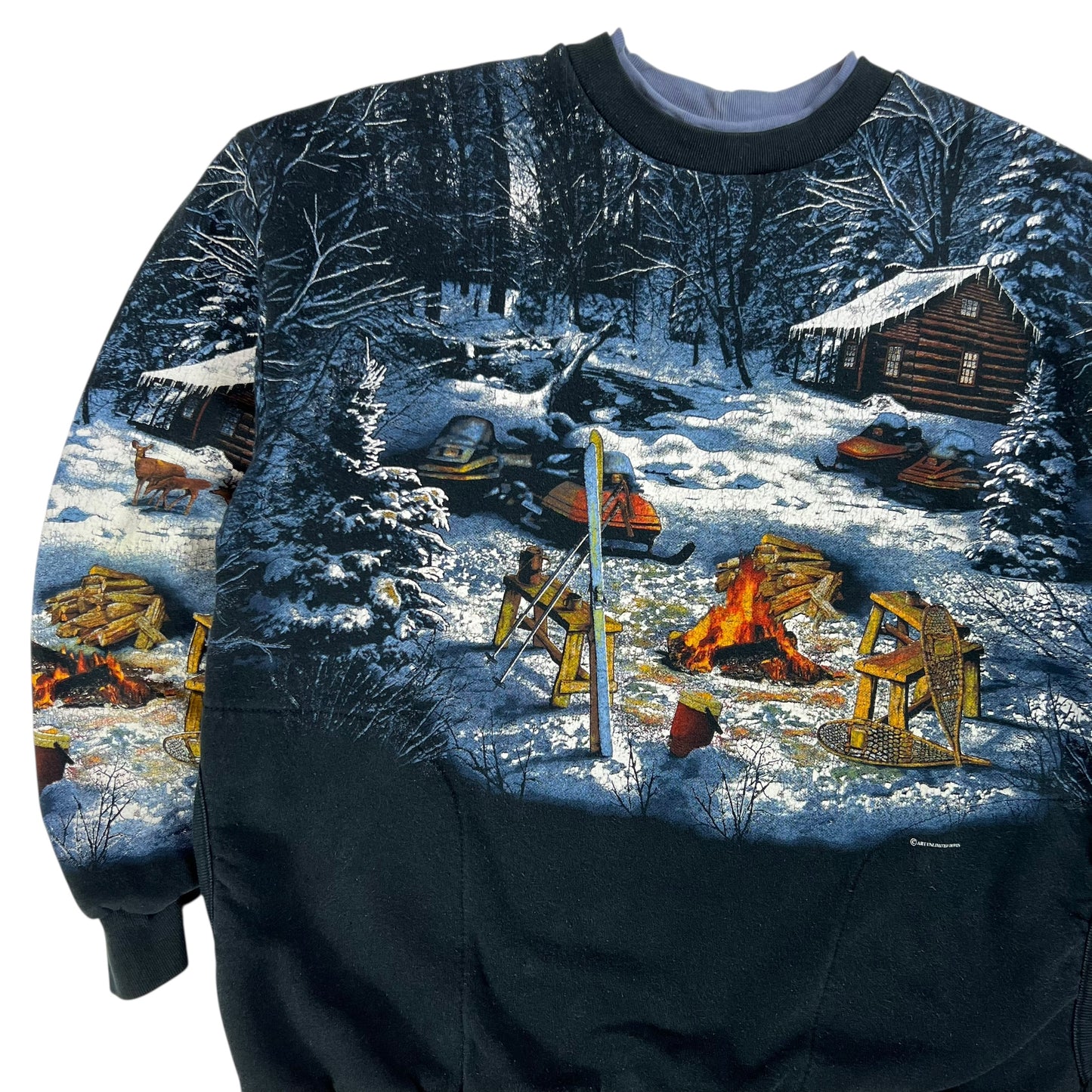 Vintage 90s Winter Camping Cabin scene all over print crewneck (L)