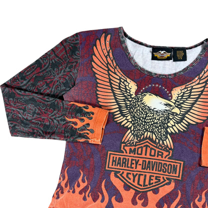Vintage Y2K Harley Davidson Motorcycles femme flames all over print women’s long sleeve (M)