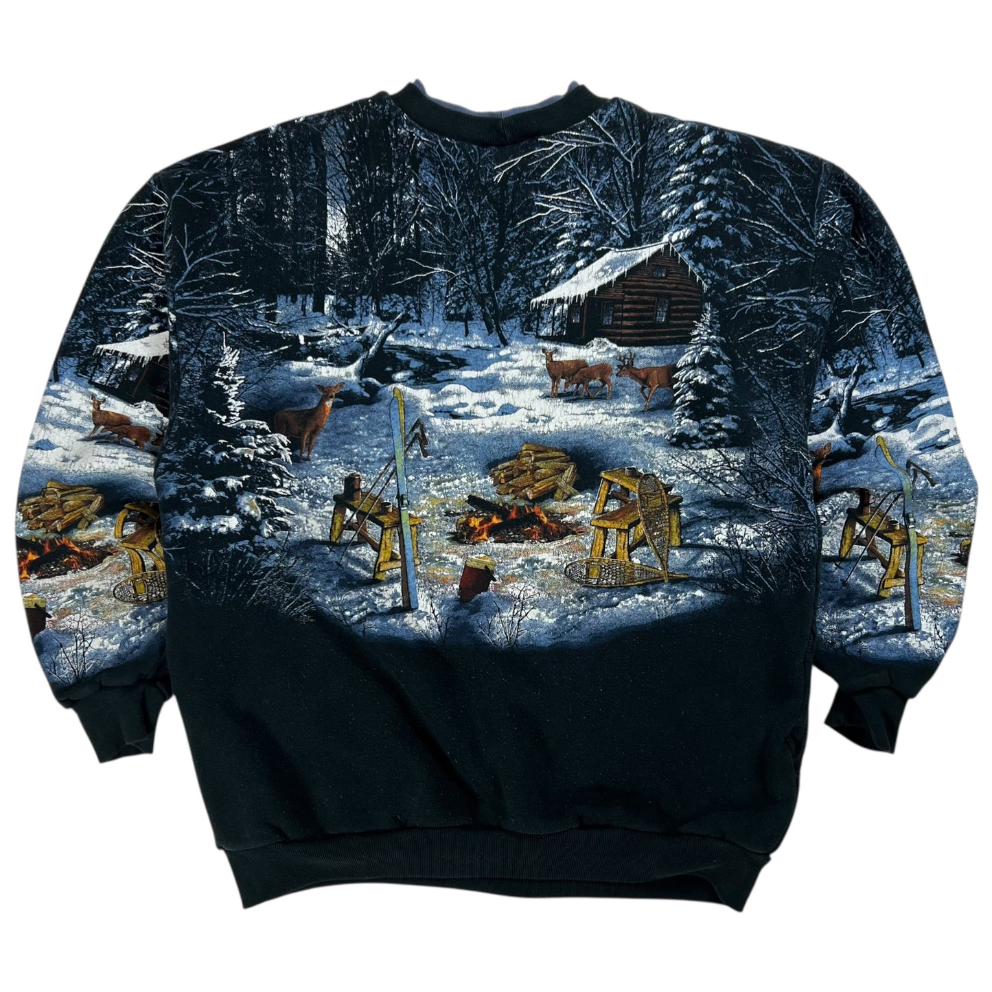 Vintage 90s Winter Camping Cabin scene all over print crewneck (L)