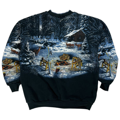 Vintage 90s Winter Camping Cabin scene all over print crewneck (L)