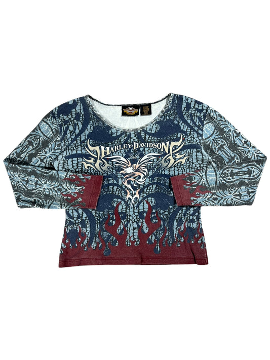 Vintage Y2K Harley Davidson Motorcycles femme flames all over print women’s long sleeve (M)