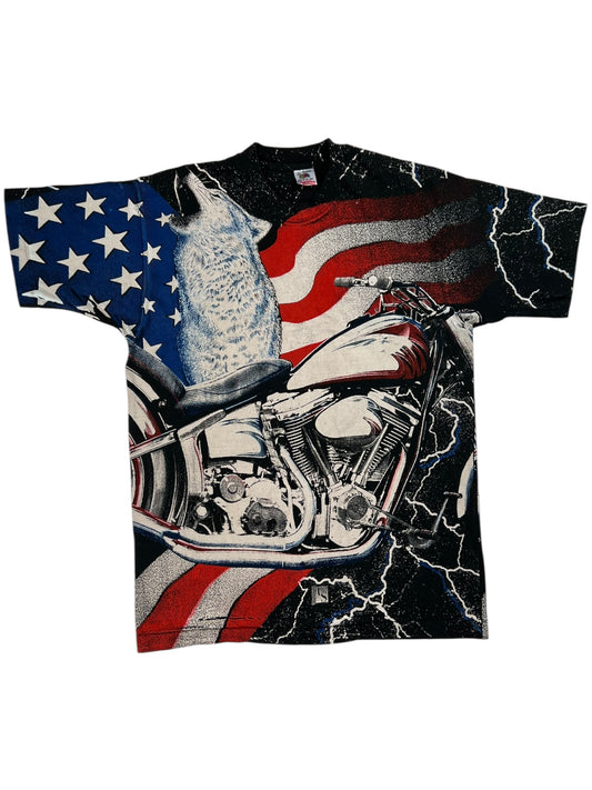 Vintage 1991 American wolf Biker Motorcycle all over print tee (L)