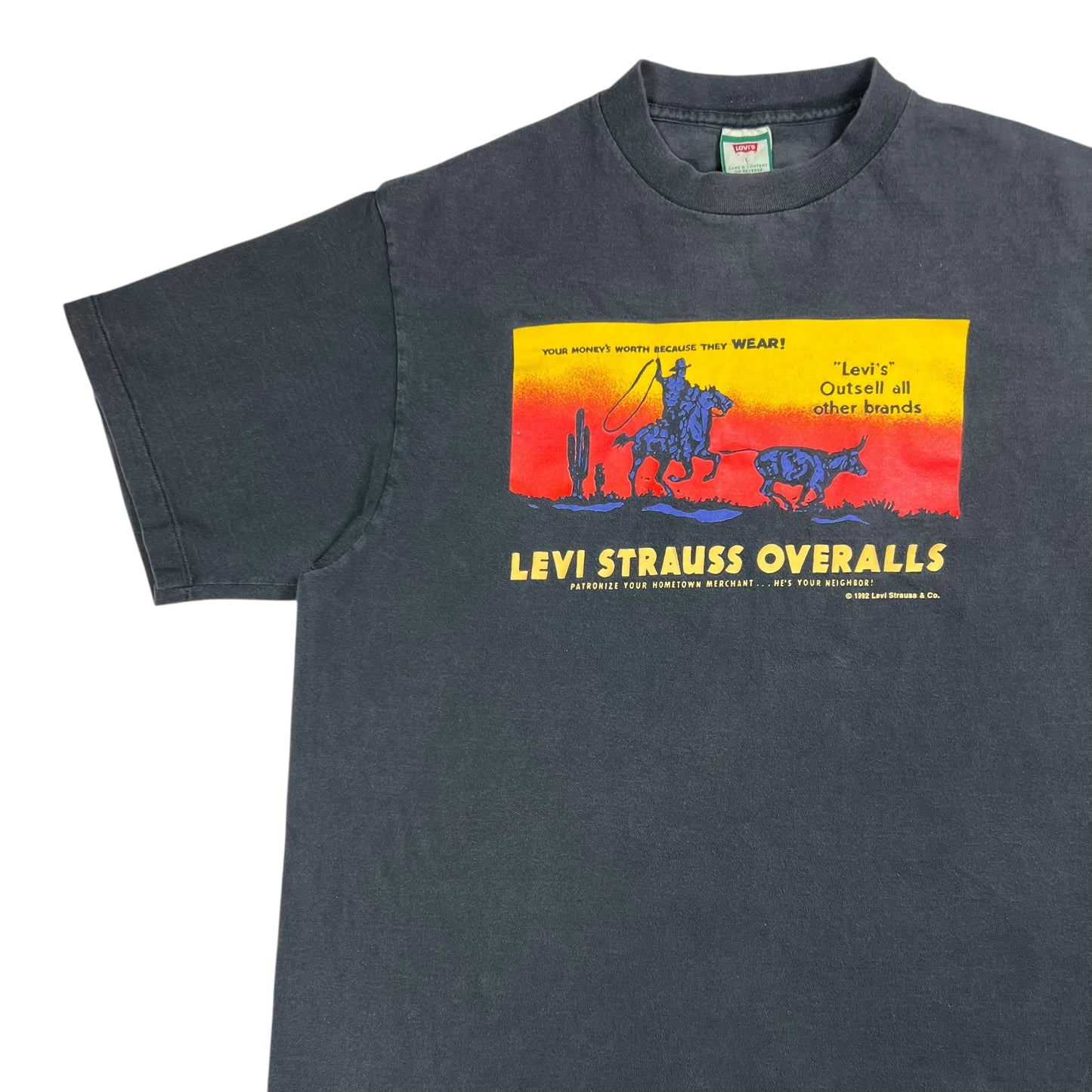 Vintage 1992 Levi’s Levi Strauss Overalls Cowboy faded denim promo tee (L)