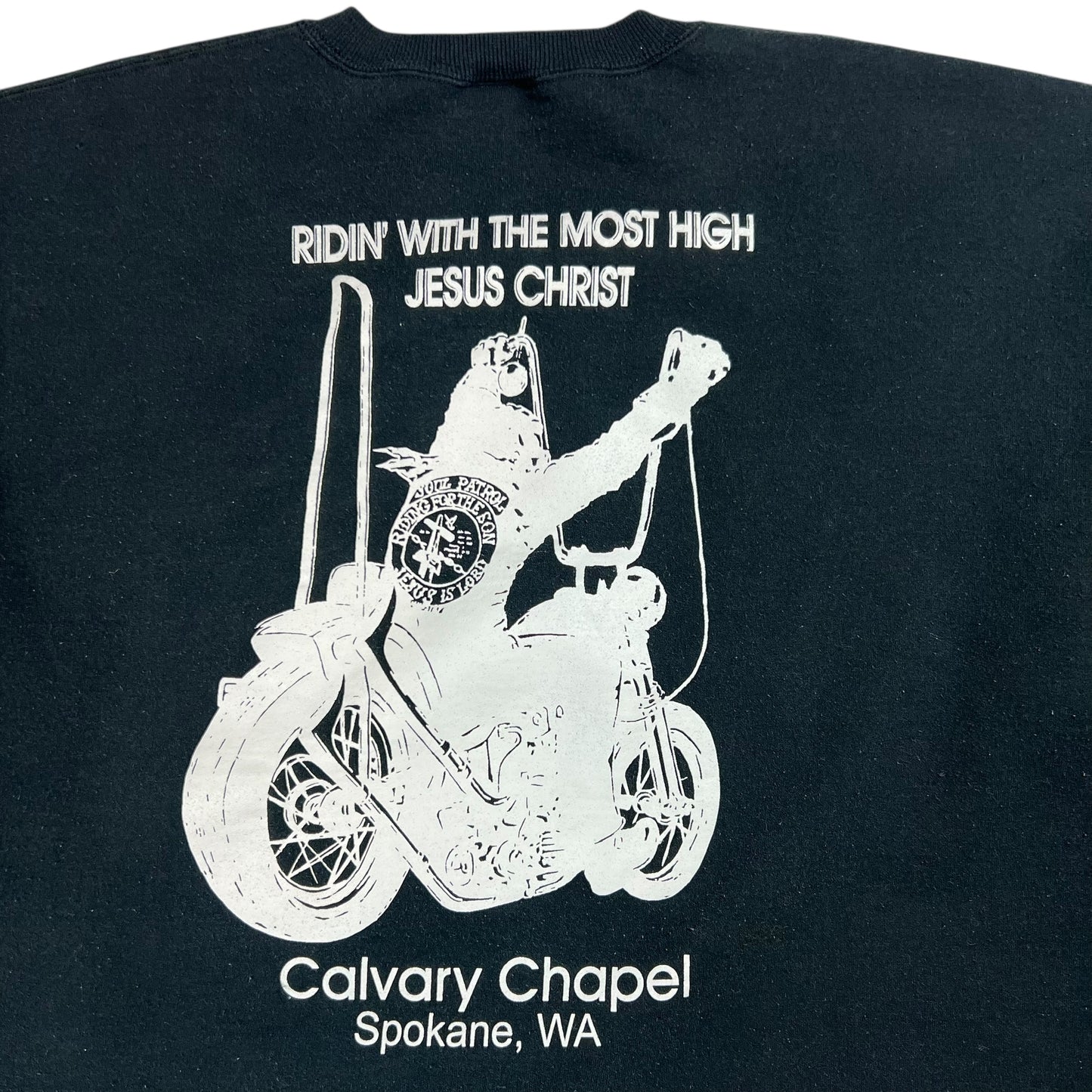 Vintage 90s RIDIN’ WITH THE MOST HIGH JESUS CHRIST Soul Patrol biker cropped crewneck (XL)