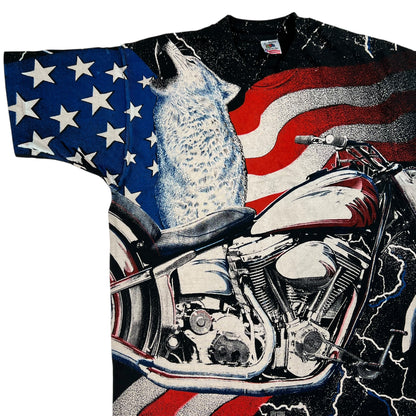 Vintage 1991 American wolf Biker Motorcycle all over print tee (L)