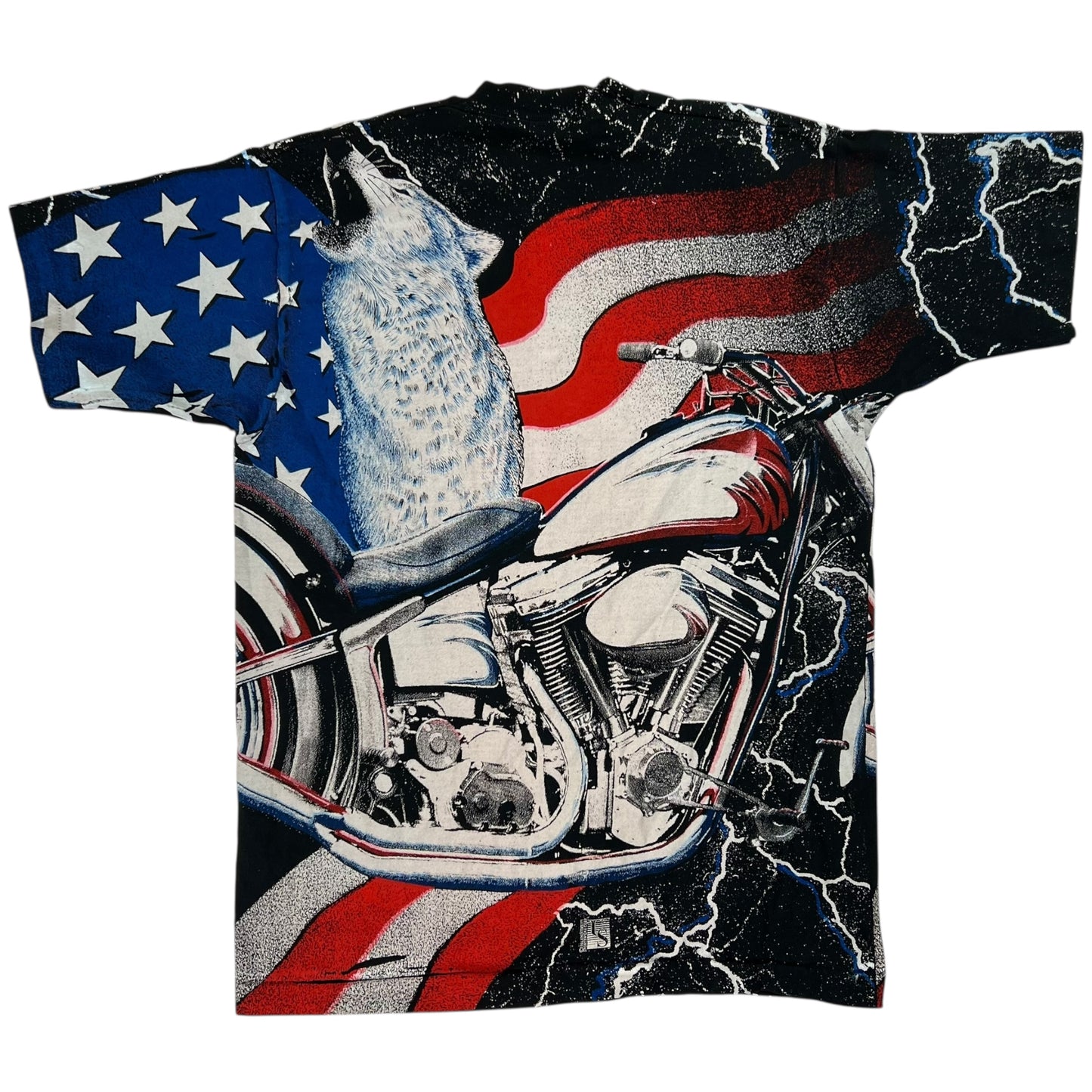Vintage 1991 American wolf Biker Motorcycle all over print tee (L)