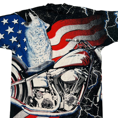 Vintage 1991 American wolf Biker Motorcycle all over print tee (L)