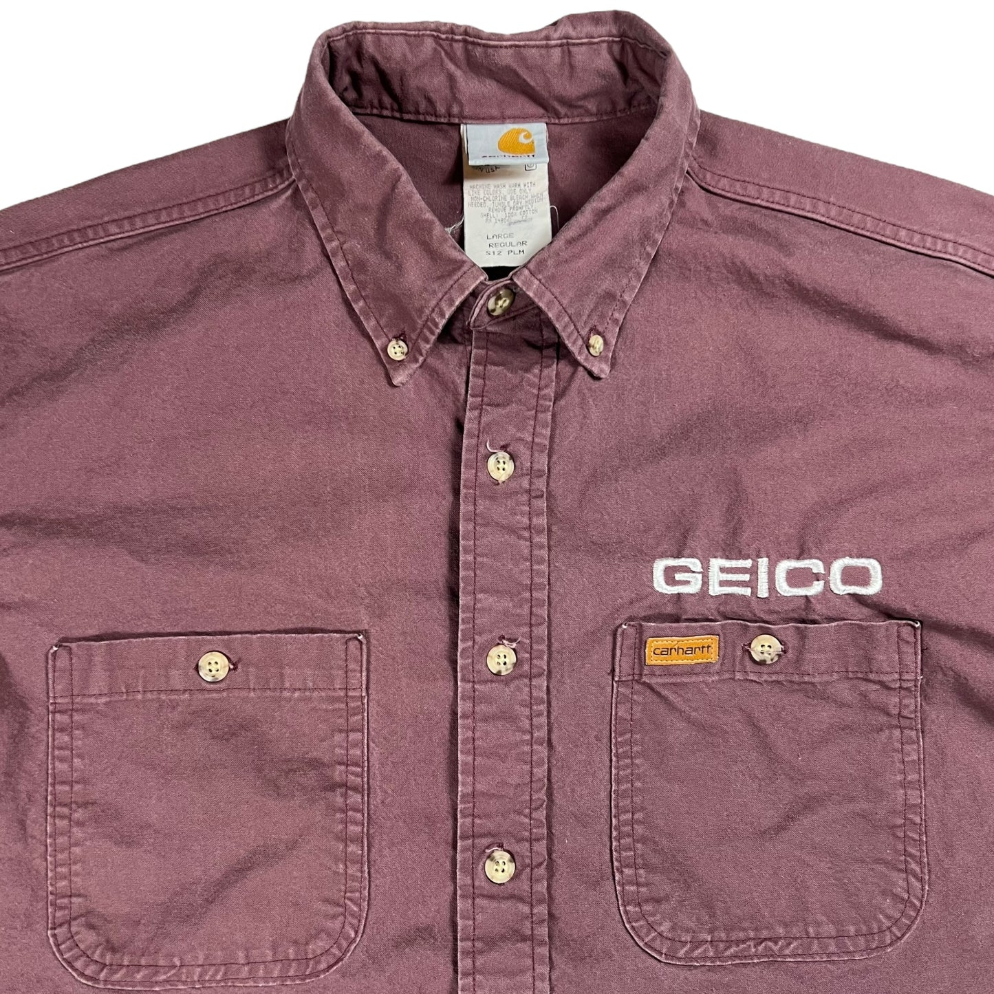 Vintage 90s Carhartt GEICO plum Union made button down shirt (L)