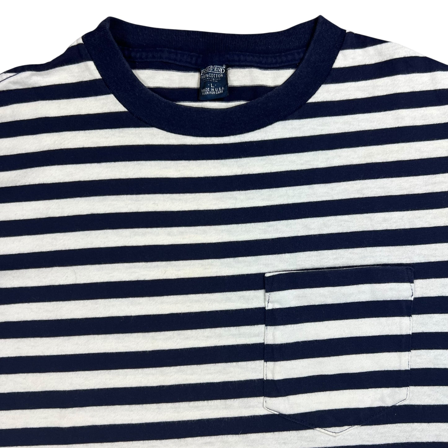 Vintage 90s Lands’ End striped navy white pocket tee (L)