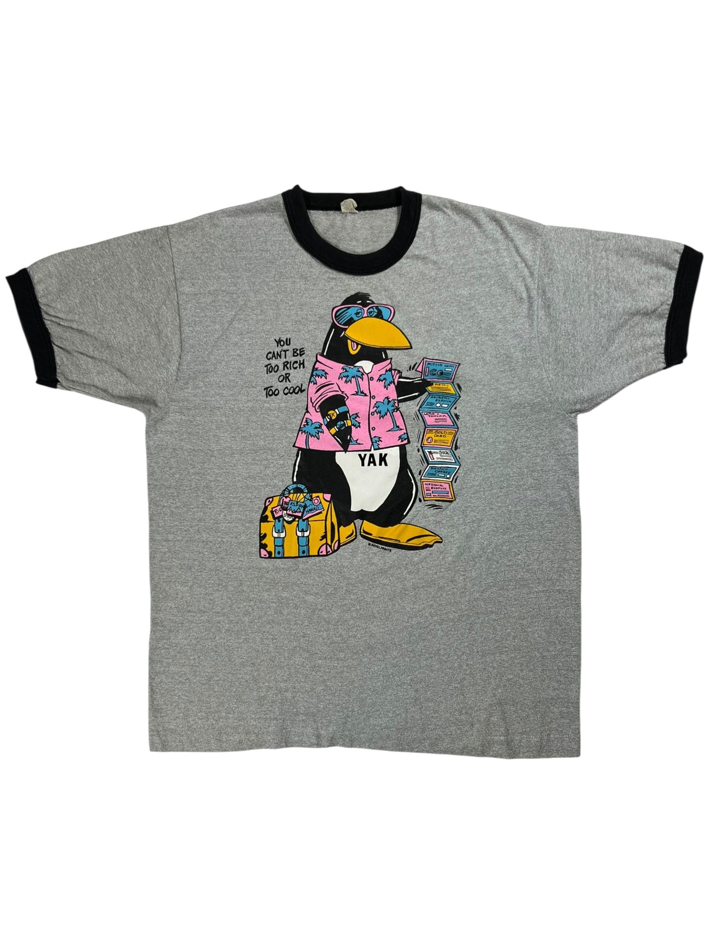 Vintage 80s You Can’t Be Too Rich or Too Cool Penguin ringer tee (L)