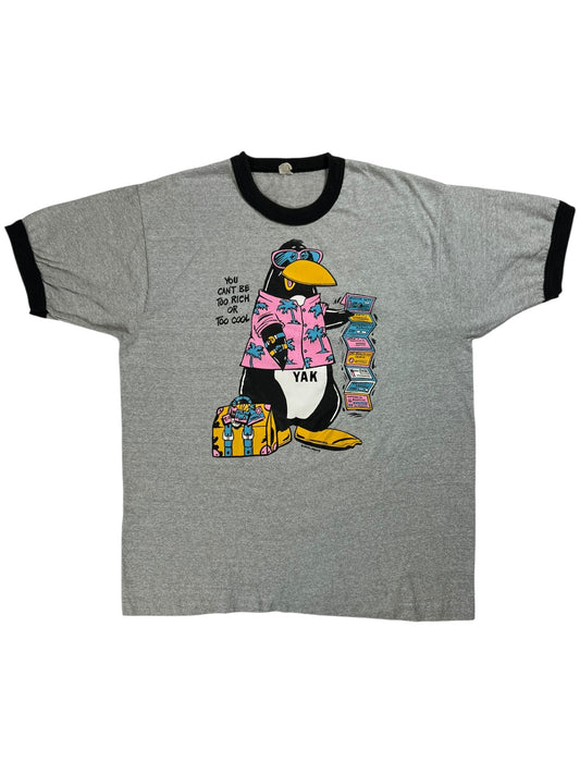 Vintage 80s You Can’t Be Too Rich or Too Cool Penguin ringer tee (L)