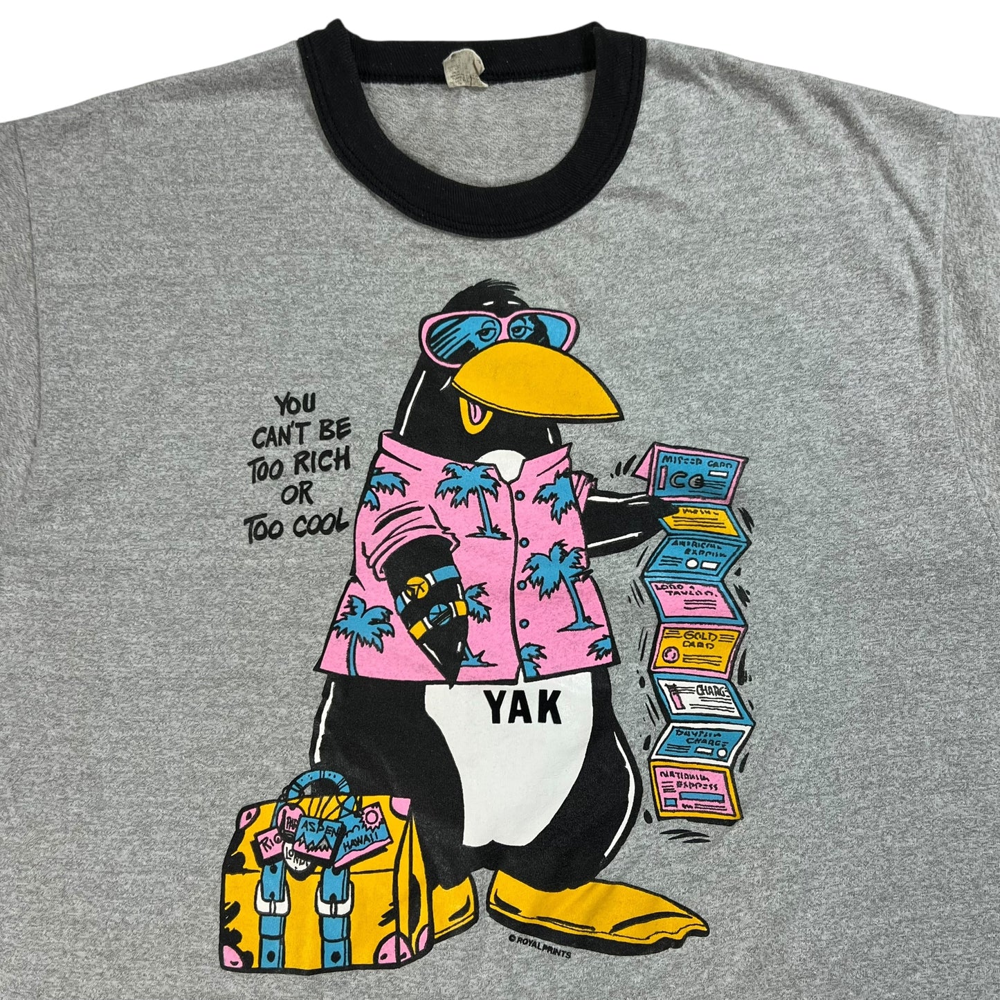 Vintage 80s You Can’t Be Too Rich or Too Cool Penguin ringer tee (L)