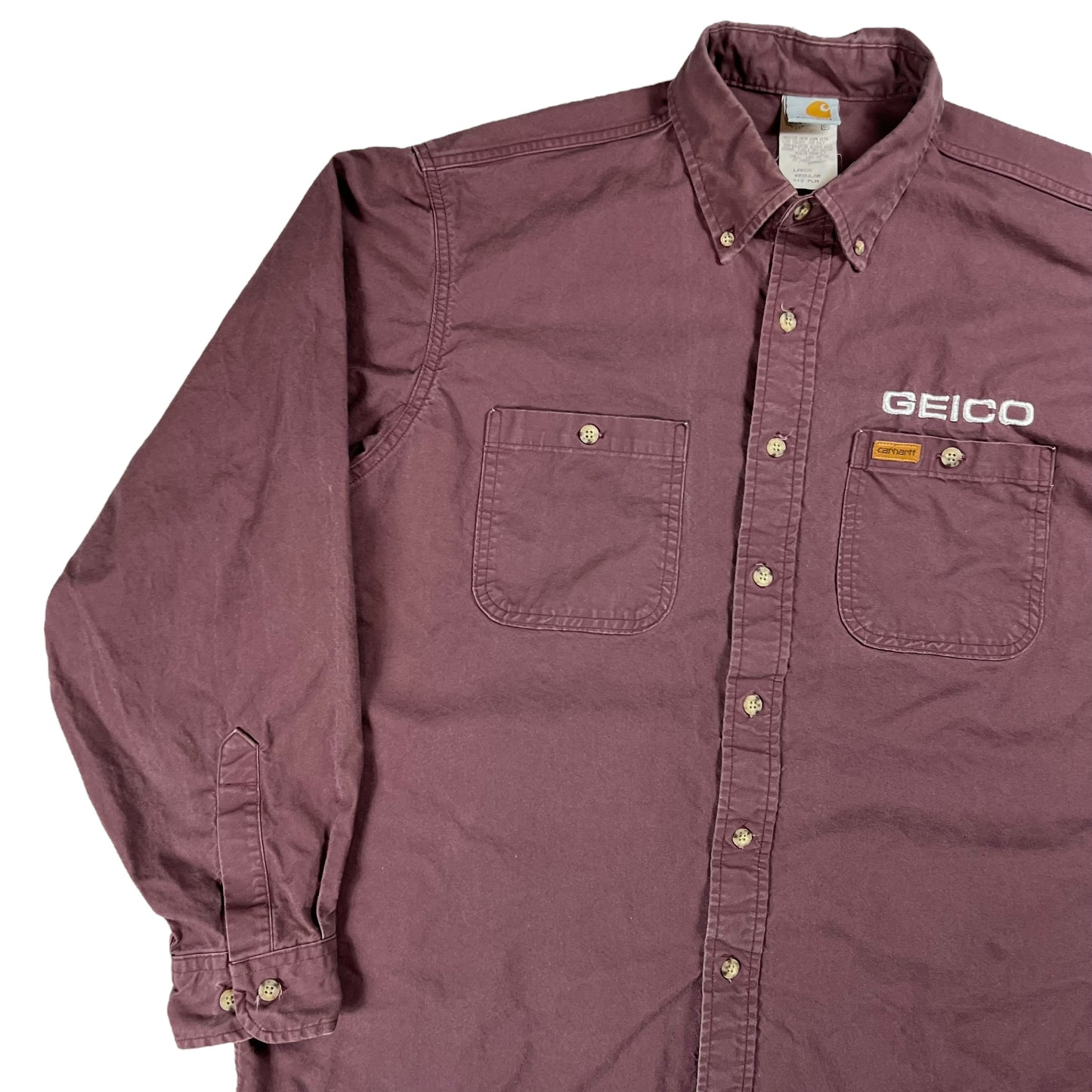Vintage 90s Carhartt GEICO plum Union made button down shirt (L)