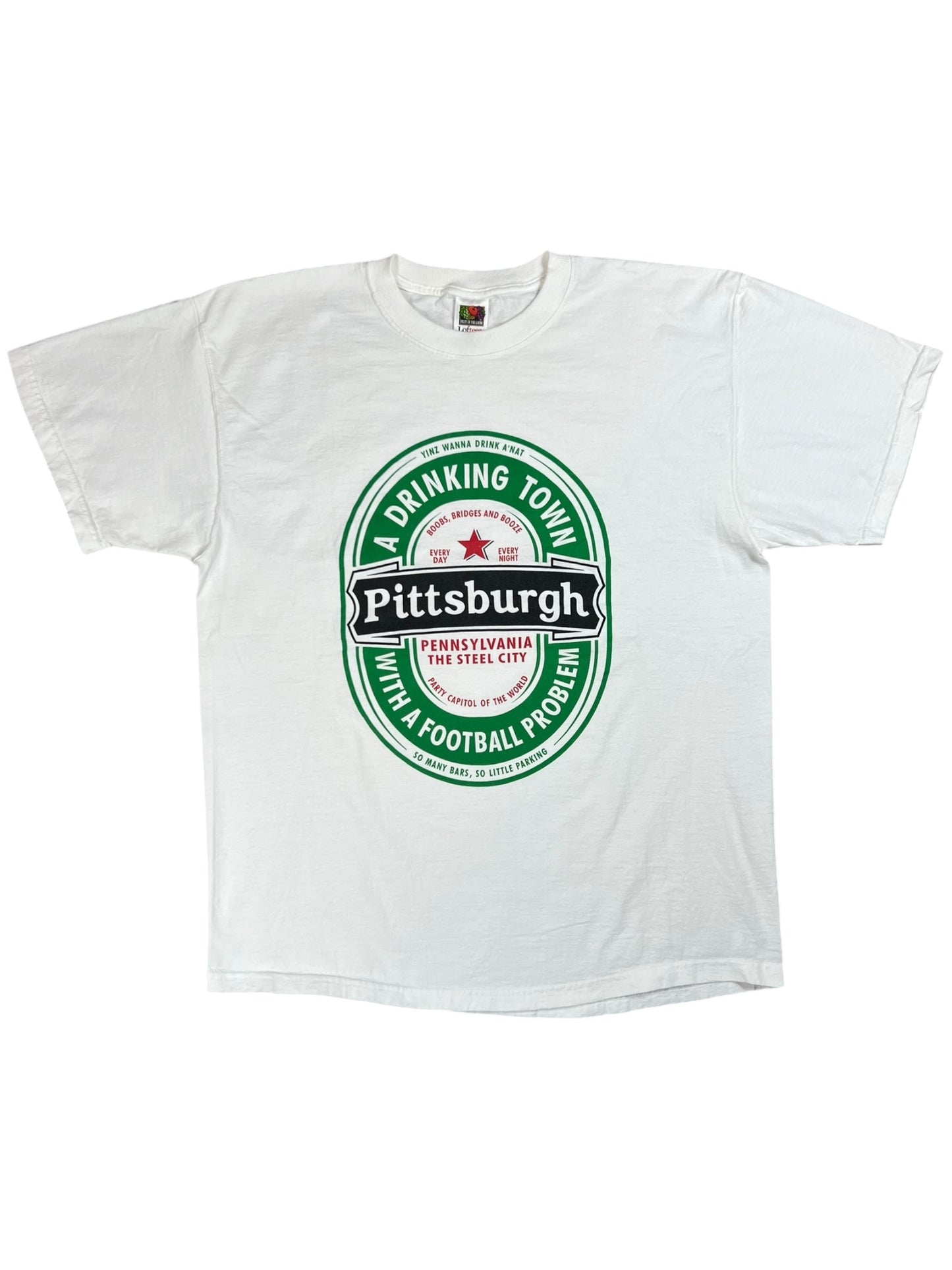 Vintage 90s Pittsburgh A Drinking Town with a football problem Heineken parody tee (XL)