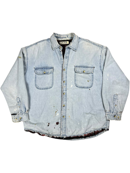 Vintage 90s Flannel Lined light denim blue distressed faded jean jacket (L)