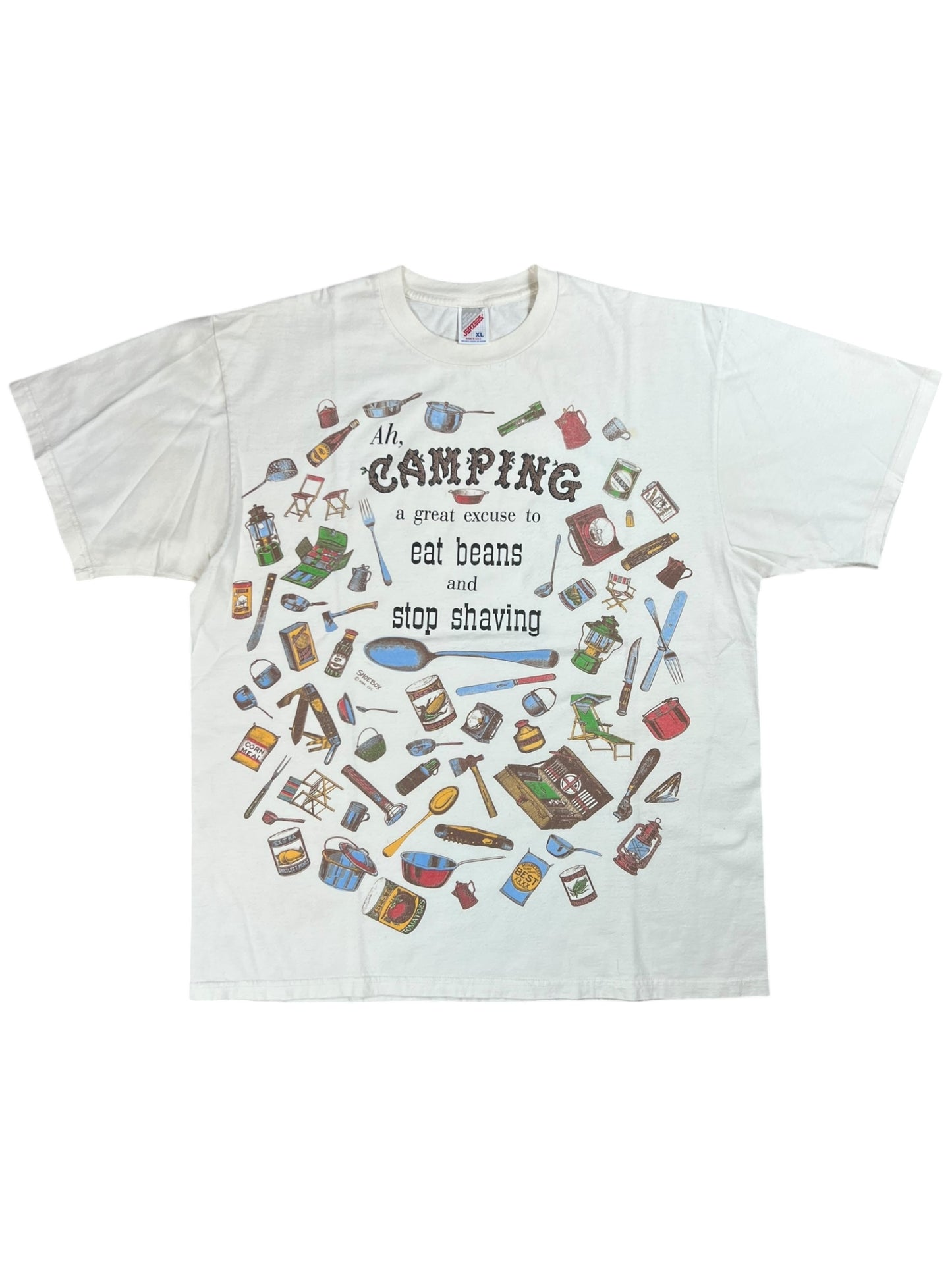 Vintage 90s Ah, Camping A Great excuse to eat beans and stop shaving all over print tee (XL)