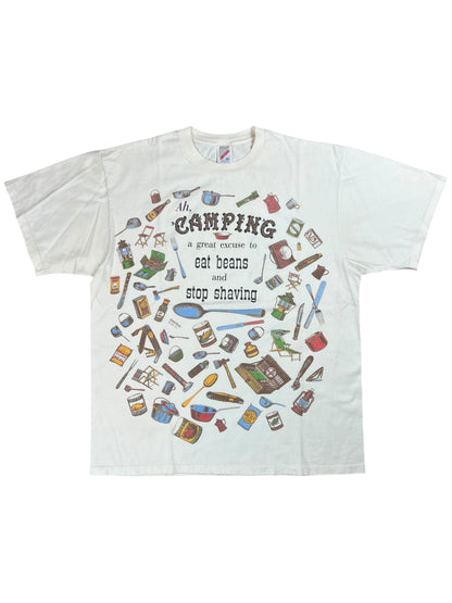 Vintage 90s Ah, Camping A Great excuse to eat beans and stop shaving all over print tee (XL)