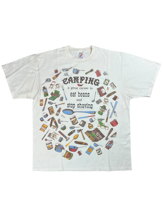 Vintage 90s Ah, Camping A Great excuse to eat beans and stop shaving all over print tee (XL)