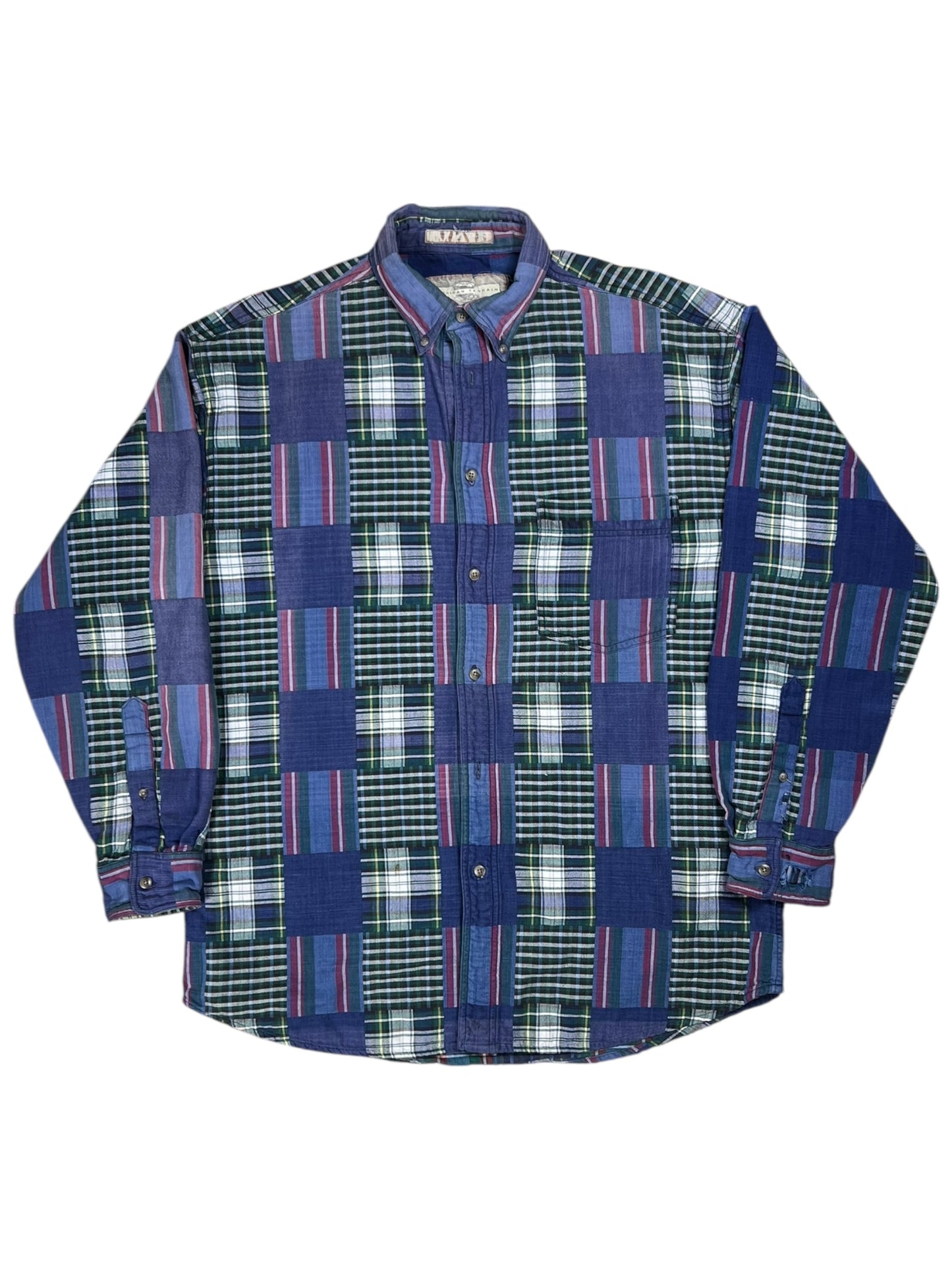 Vintage 90s patchwork flannel madras style button up shirt (L)