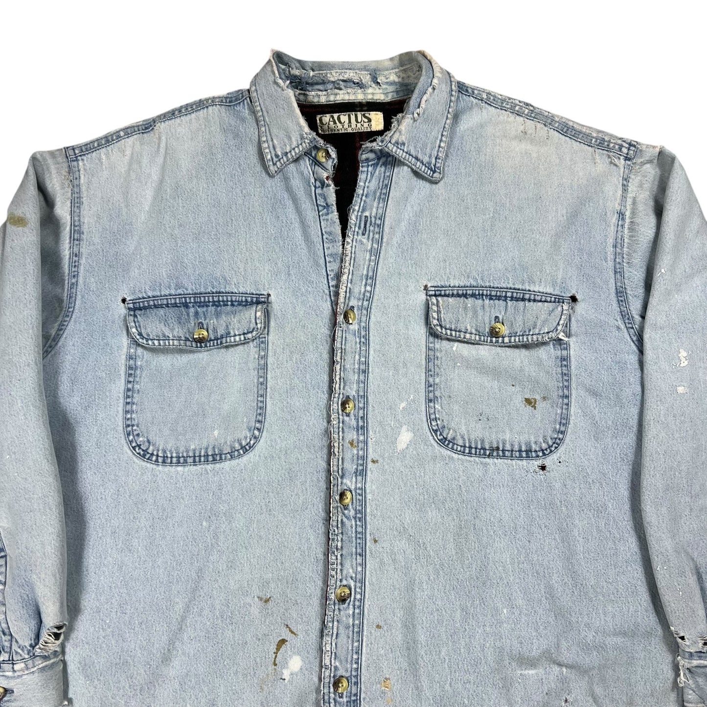 Vintage 90s Flannel Lined light denim blue distressed faded jean jacket (L)