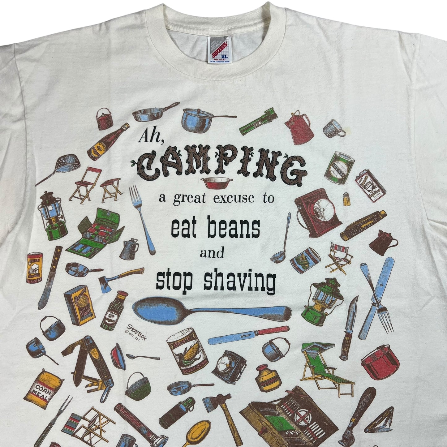 Vintage 90s Ah, Camping A Great excuse to eat beans and stop shaving all over print tee (XL)