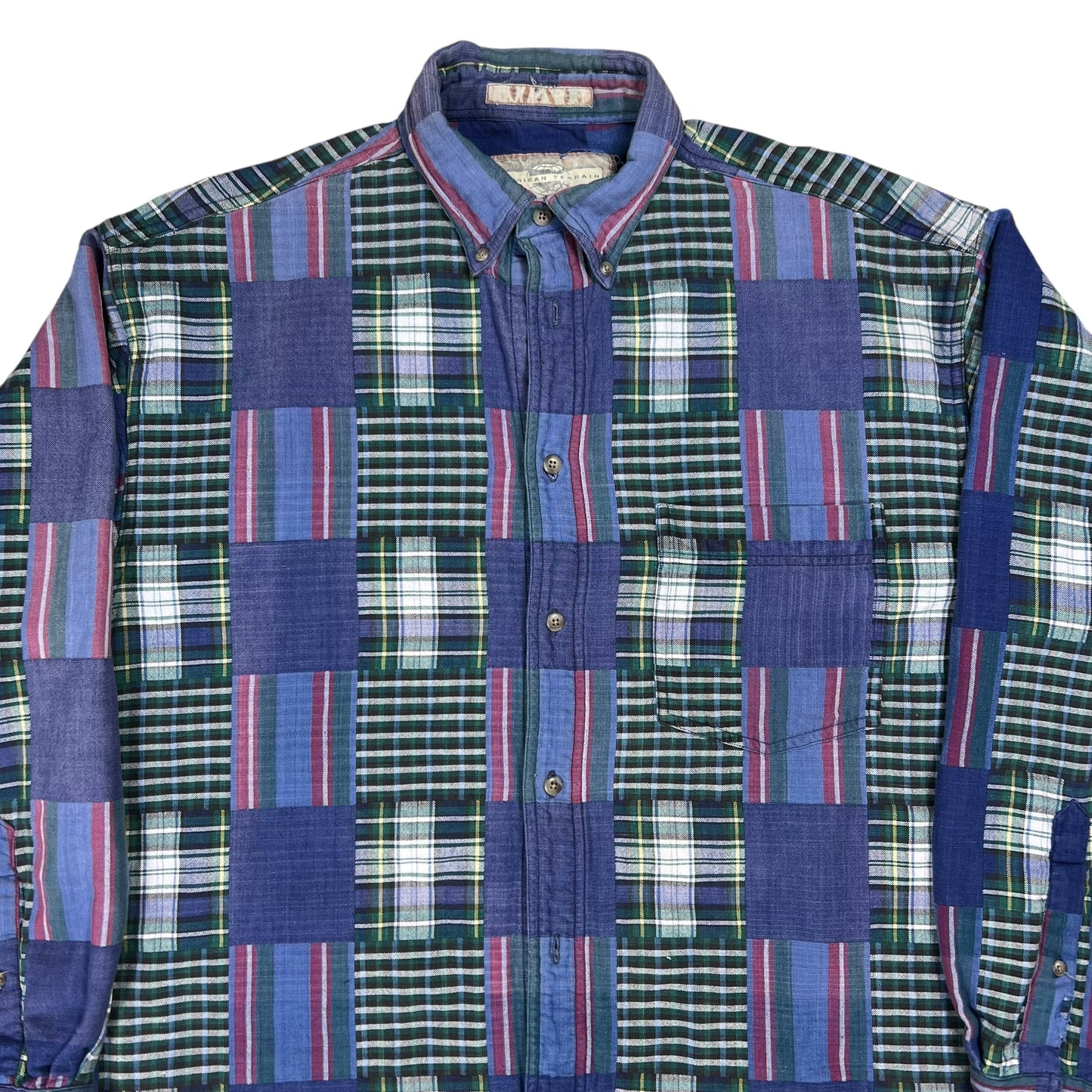 Vintage 90s patchwork flannel madras style button up shirt (L)