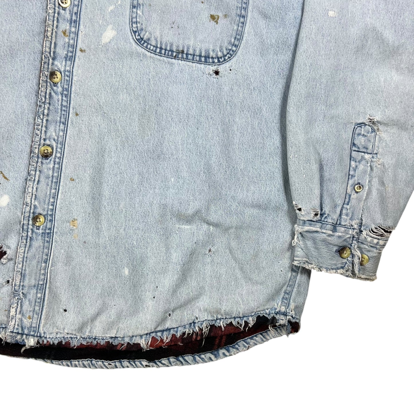 Vintage 90s Flannel Lined light denim blue distressed faded jean jacket (L)