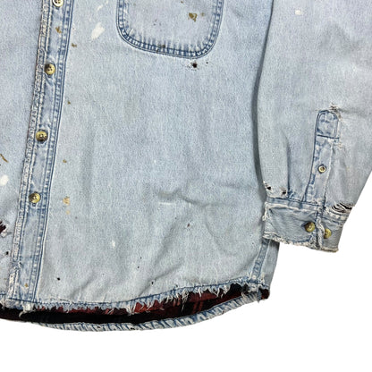 Vintage 90s Flannel Lined light denim blue distressed faded jean jacket (L)