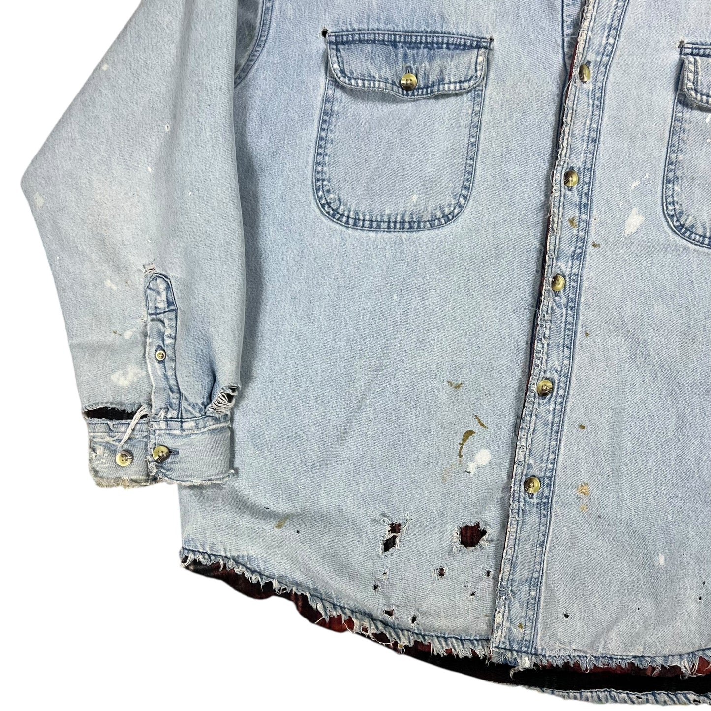 Vintage 90s Flannel Lined light denim blue distressed faded jean jacket (L)