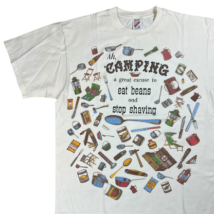 Vintage 90s Ah, Camping A Great excuse to eat beans and stop shaving all over print tee (XL)
