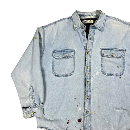 Vintage 90s Flannel Lined light denim blue distressed faded jean jacket (L)