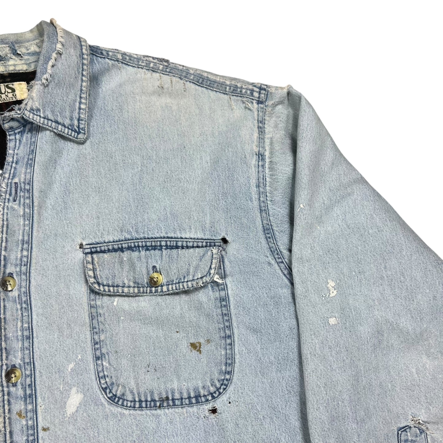 Vintage 90s Flannel Lined light denim blue distressed faded jean jacket (L)