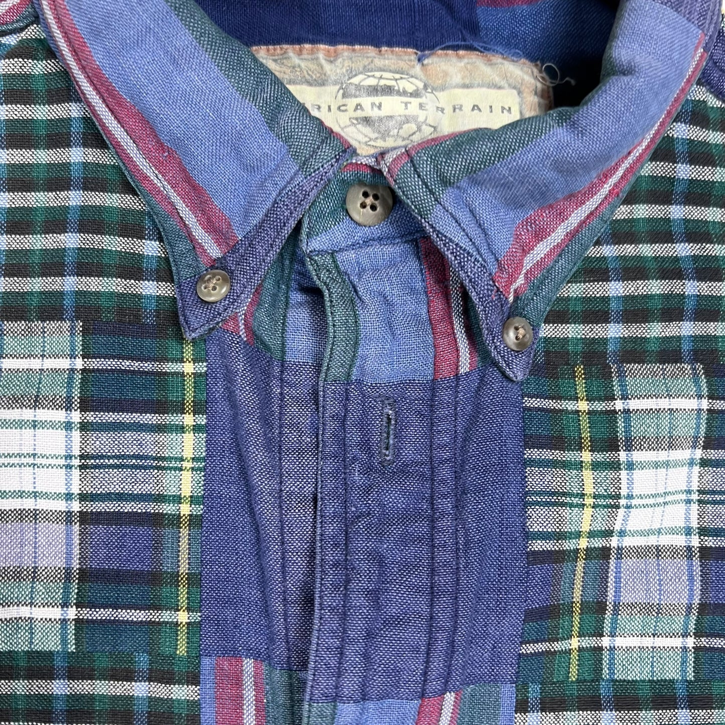 Vintage 90s patchwork flannel madras style button up shirt (L)