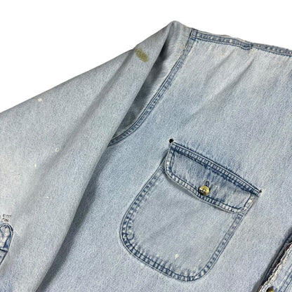 Vintage 90s Flannel Lined light denim blue distressed faded jean jacket (L)