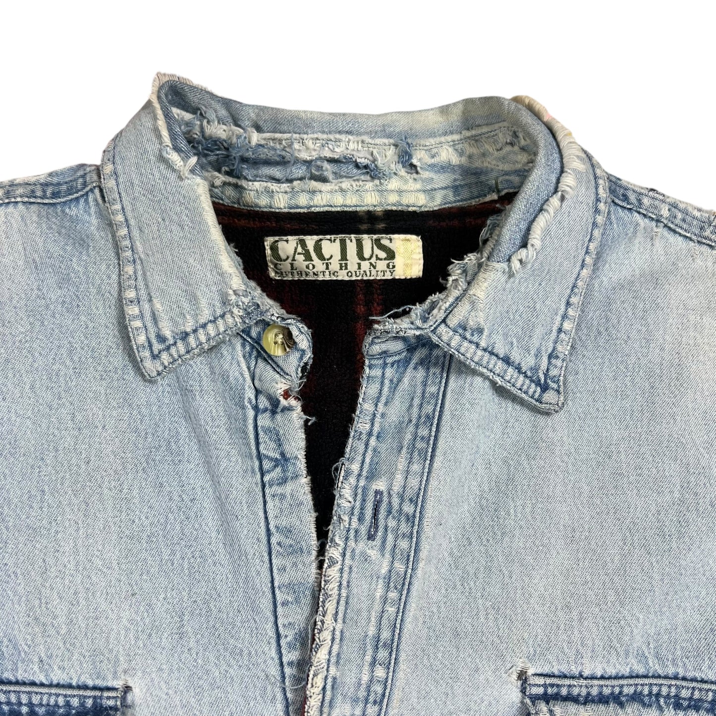 Vintage 90s Flannel Lined light denim blue distressed faded jean jacket (L)