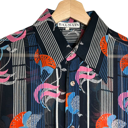 Vintage 70s Balmain Paris Boutique all over print silk button up shirt (M)