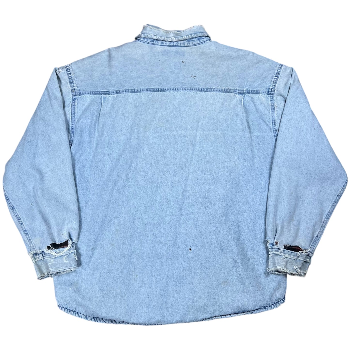 Vintage 90s Flannel Lined light denim blue distressed faded jean jacket (L)