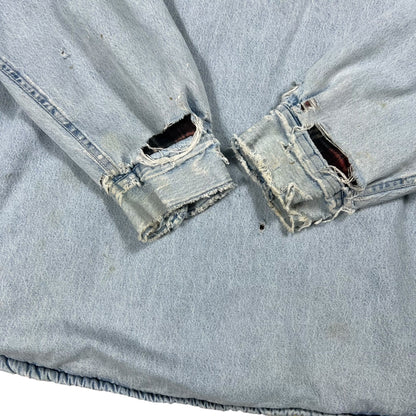 Vintage 90s Flannel Lined light denim blue distressed faded jean jacket (L)