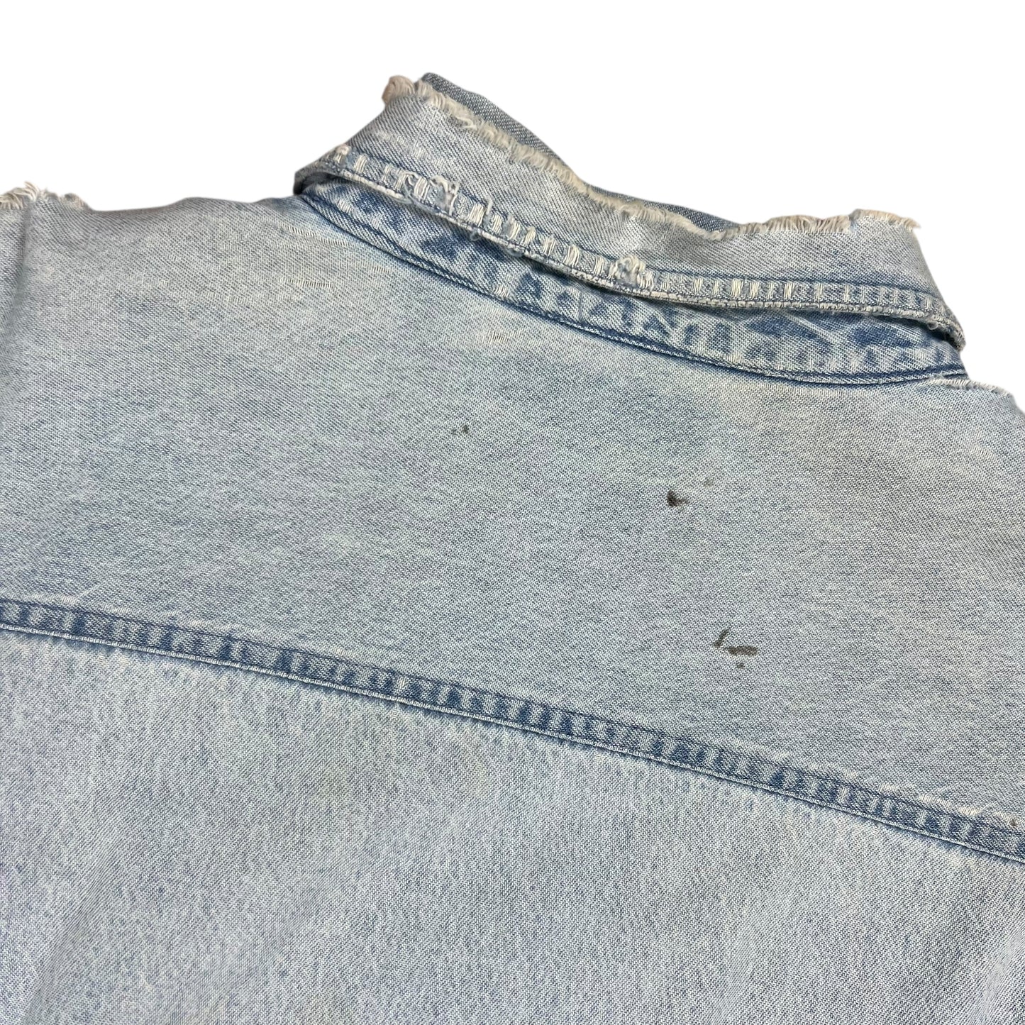 Vintage 90s Flannel Lined light denim blue distressed faded jean jacket (L)