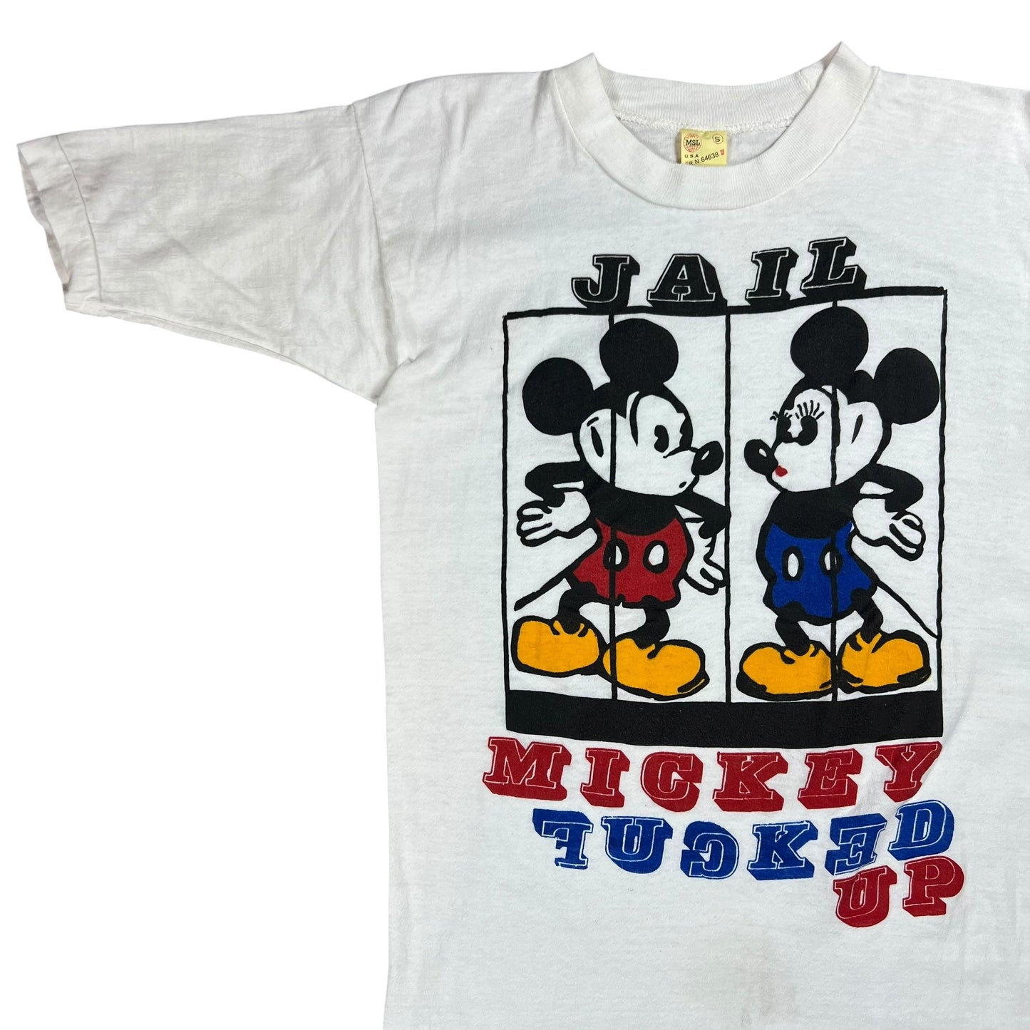 Vintage 1970s Mickey Fucked Up Jail Mickey Mouse parody tee (XS)