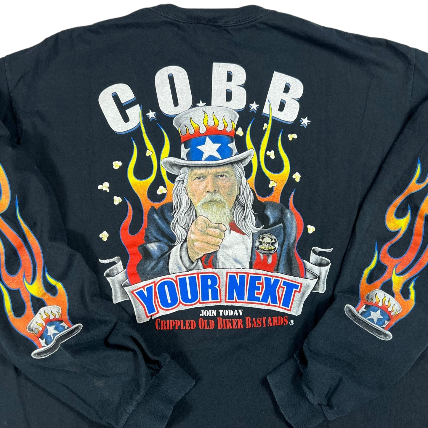 Vintage 90s Crippled Old Biker Bastards Uncle Sam long sleeve flame print shirt (XL)