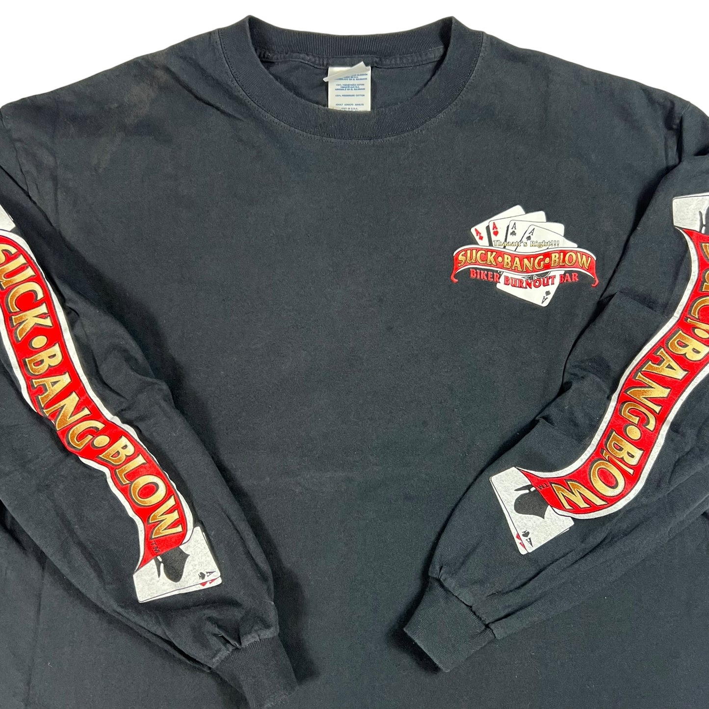 Vintage Y2K Suck Bang Blow raunchy biker bar long sleeve print shirt (L/XL)