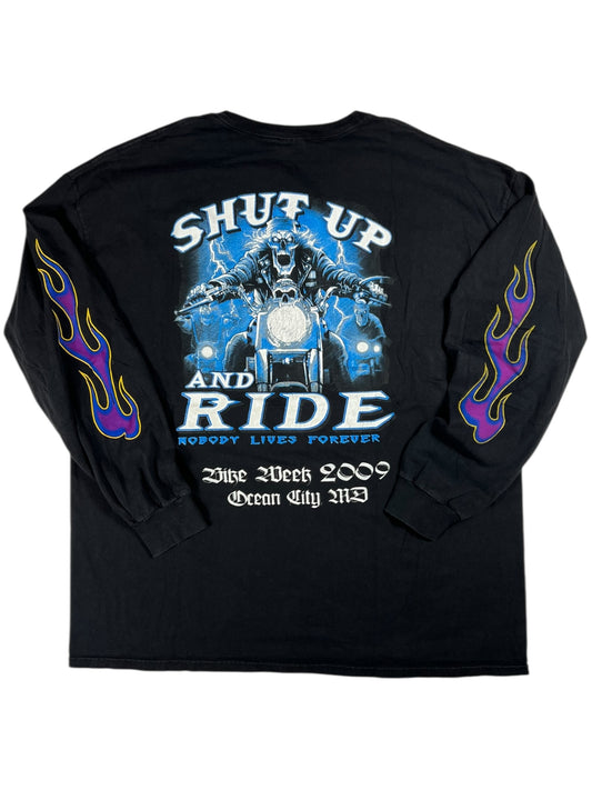2009 Shut Up and Ride Bike Week long sleeve purple flames print shirt (XL)